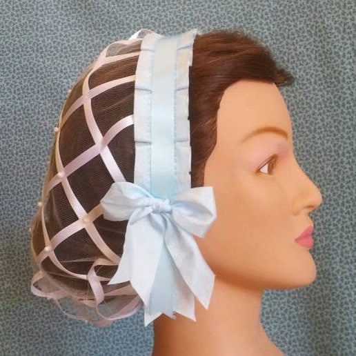 White Ribbon Hairnet with choice of Ribbon Coronet -More blue choices