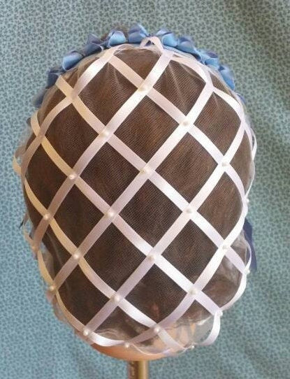 White Ribbon Hairnet with choice of Ribbon Coronet -More blue choices