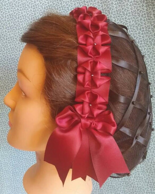 Black Ribbon Hairnet with choice of Ribbon Coronet- wine and steel grey.
