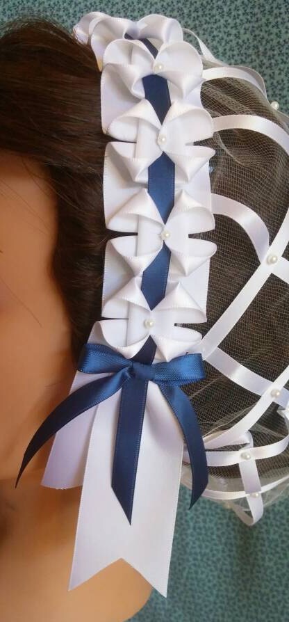 White Ribbon Hairnet with choice of Ribbon Coronet -More blue choices