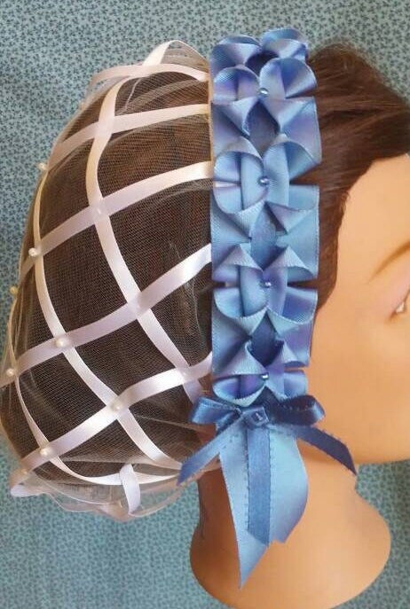 White Ribbon Hairnet with choice of Ribbon Coronet -More blue choices