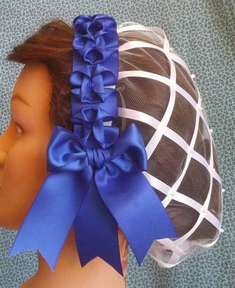 White Ribbon Hairnet with choice of Ribbon Coronet -More blue choices