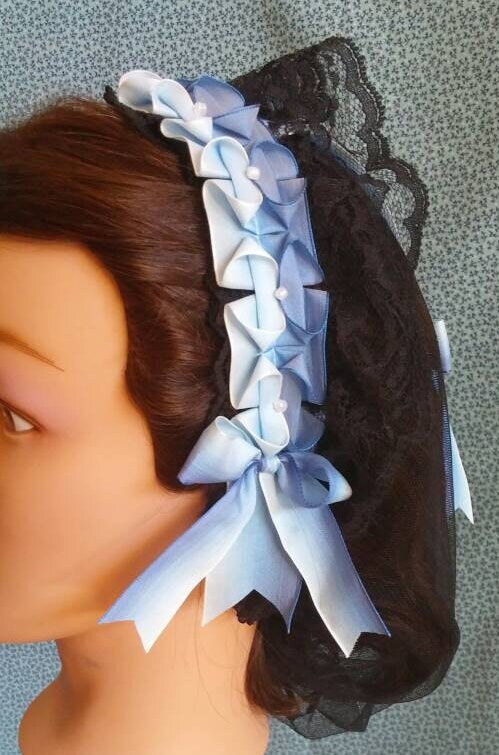 Blue Ombre Ribboned Lacy Black Daycap, Civil War, Victorian breakfast cap, 19th Century, Historical Headwear,