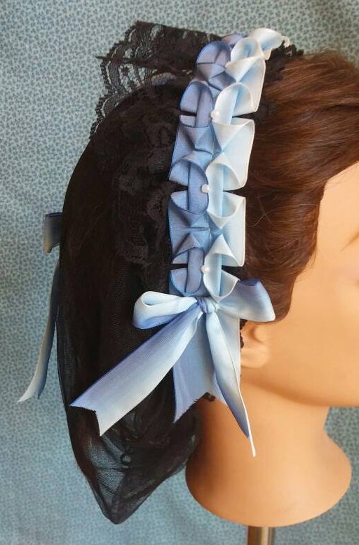 Blue Ombre Ribboned Lacy Black Daycap, Civil War, Victorian breakfast cap, 19th Century, Historical Headwear,