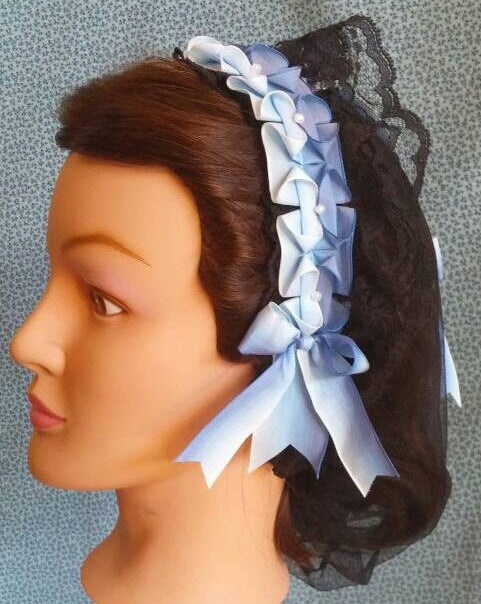 Blue Ombre Ribboned Lacy Black Daycap, Civil War, Victorian breakfast cap, 19th Century, Historical Headwear,