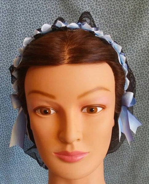 Blue Ombre Ribboned Lacy Black Daycap, Civil War, Victorian breakfast cap, 19th Century, Historical Headwear,