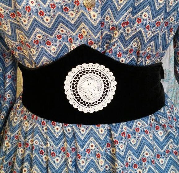 Black Velvet Medici Belt with White Oval Applique
