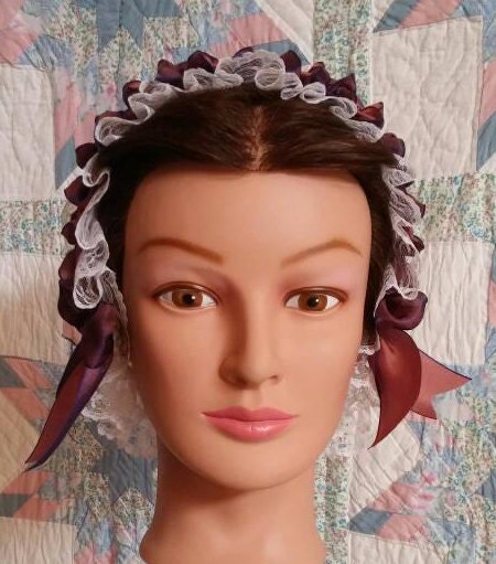 White Lacy Daycap with Navy/Copper Changeable Ribbon, Civil War, Victorian breakfast cap, 19th Century, Historical Headwear,