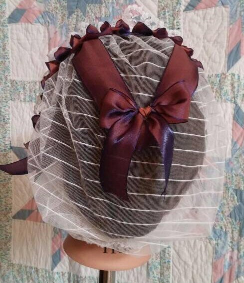 White Lacy Daycap with Navy/Copper Changeable Ribbon, Civil War, Victorian breakfast cap, 19th Century, Historical Headwear,