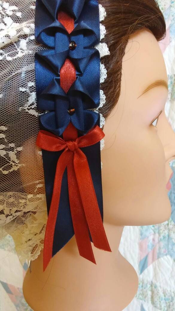 Cream Lacy Daycap with Navy and Russet ribbons, Civil War, Victorian breakfast cap, 19th Century, Historical Headwear,