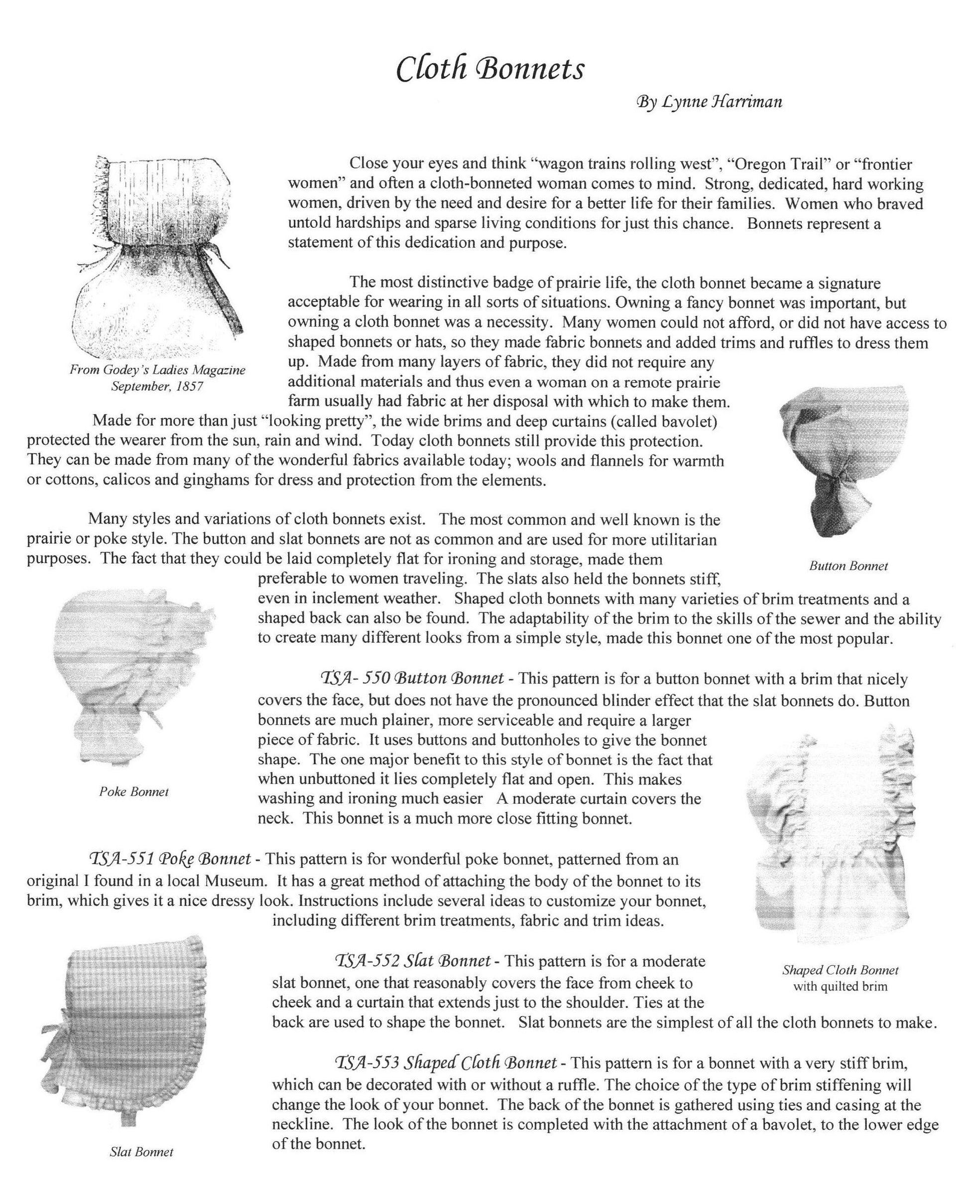 Slat Bonnet /19th Century Pattern/ Timeless Stitches Sewing Pattern TSA- 552 Slat Bonnet DIGITAL DOWNLOAD