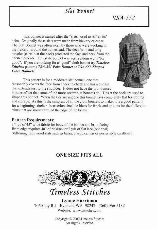Slat Bonnet /19th Century Pattern/ Timeless Stitches Sewing Pattern TSA- 552 Slat Bonnet DIGITAL DOWNLOAD