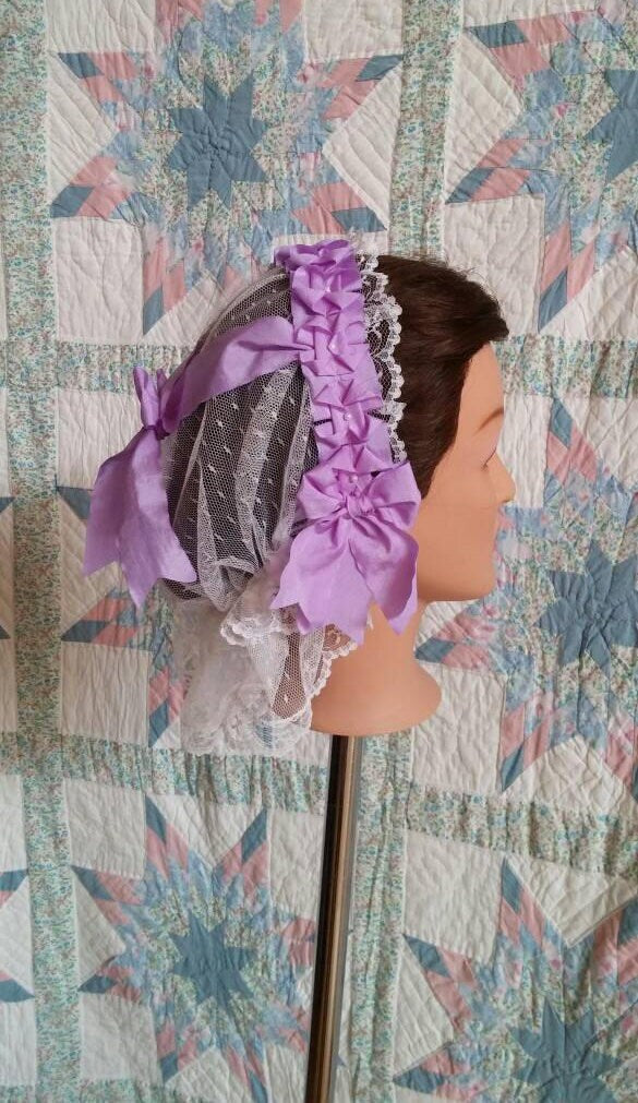 Lavender Ribboned Lacy Daycap -Day Cap- Breakfast Cap - Historical Head covering - Civil War, Dickens,