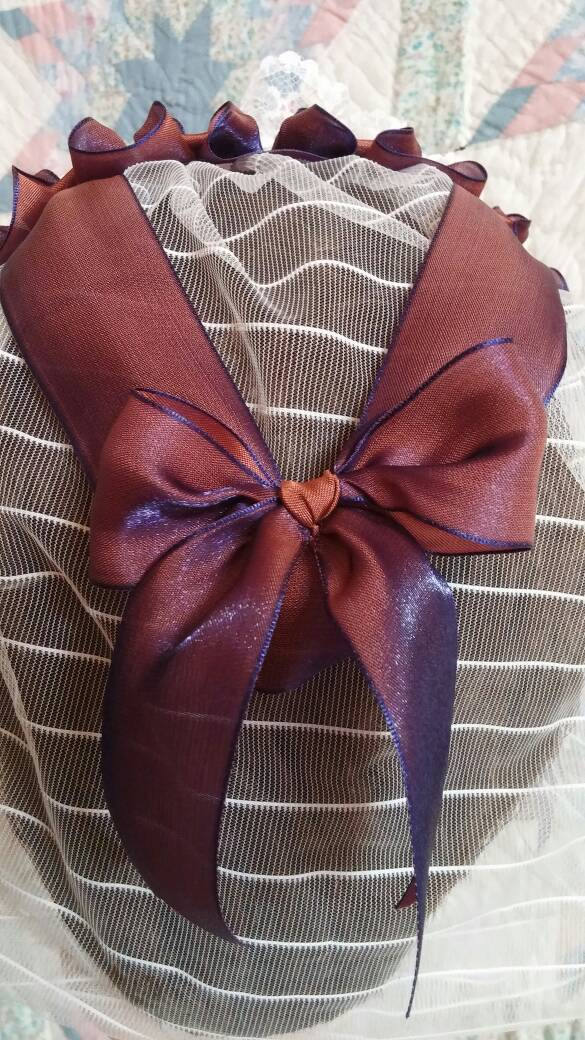 White Lacy Daycap with Navy/Copper Changeable Ribbon, Civil War, Victorian breakfast cap, 19th Century, Historical Headwear,