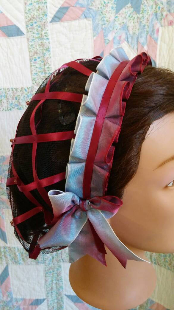 Burgundy Ribbon Hairnet with Ombre Burgundy and Baby Blue Folded Ribbon Coronet