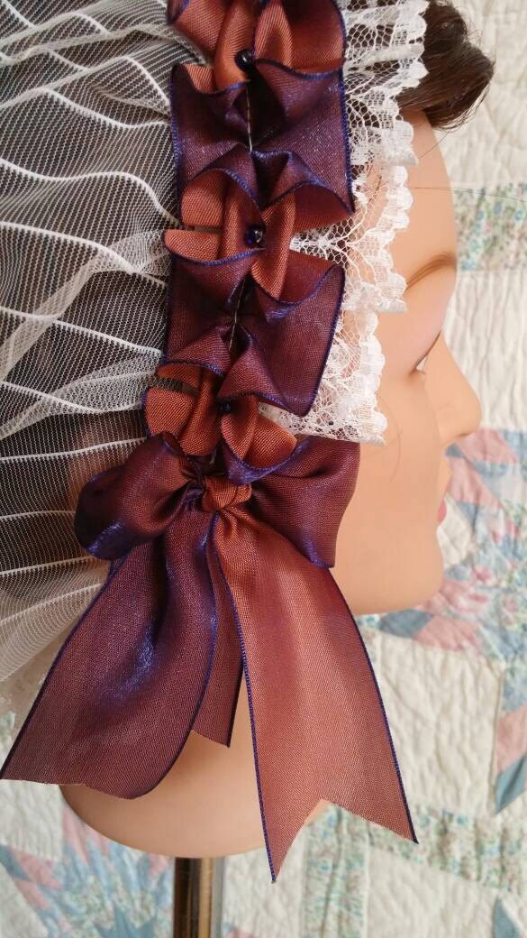 White Lacy Daycap with Navy/Copper Changeable Ribbon, Civil War, Victorian breakfast cap, 19th Century, Historical Headwear,