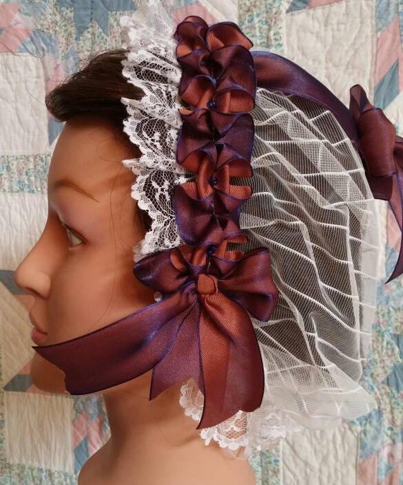 White Lacy Daycap with Navy/Copper Changeable Ribbon, Civil War, Victorian breakfast cap, 19th Century, Historical Headwear,