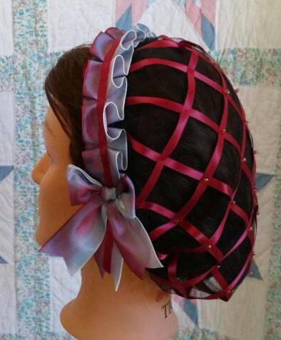 Burgundy Ribbon Hairnet with Ombre Burgundy and Baby Blue Folded Ribbon Coronet