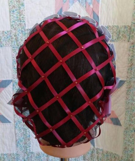 Burgundy Ribbon Hairnet with Ombre Burgundy and Baby Blue Folded Ribbon Coronet