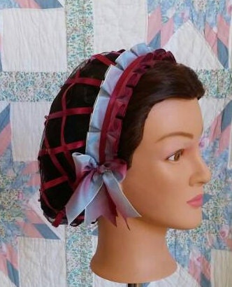 Burgundy Ribbon Hairnet with Ombre Burgundy and Baby Blue Folded Ribbon Coronet
