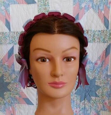 Burgundy Ribbon Hairnet with Ombre Burgundy and Baby Blue Folded Ribbon Coronet