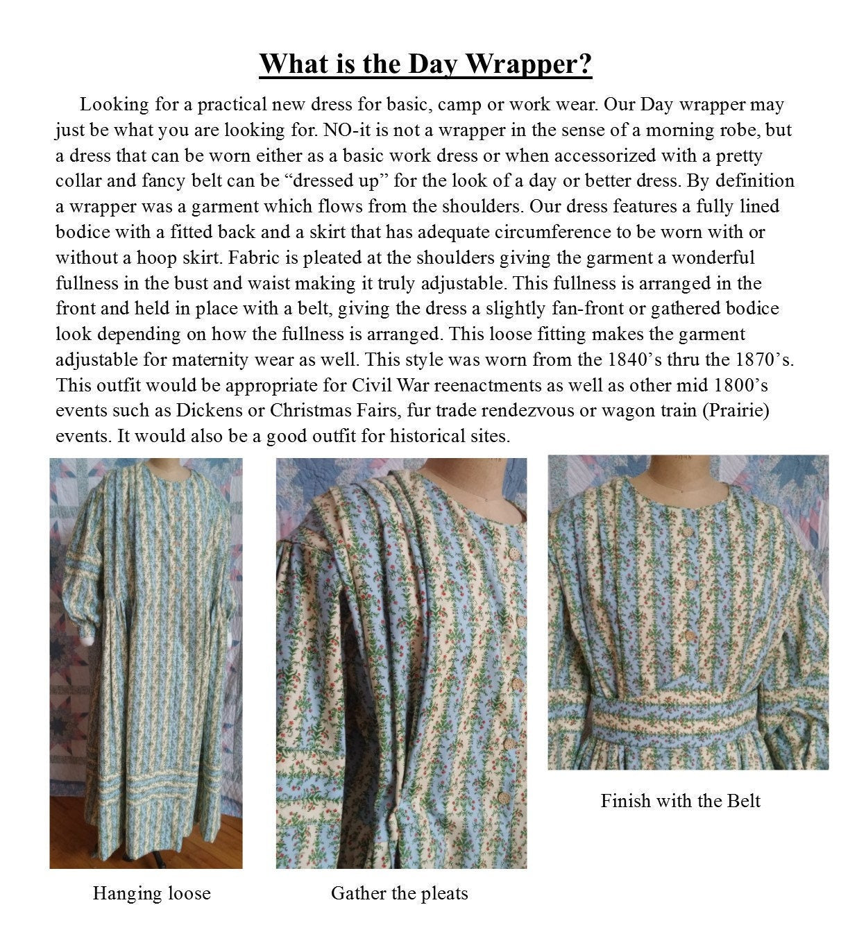 V-necked Civil War Era Lightweight Summer Day Dress/ Day Wrapper -MADE TO ORDER in choice of fabric- Victorian, 19th Century, Historical,