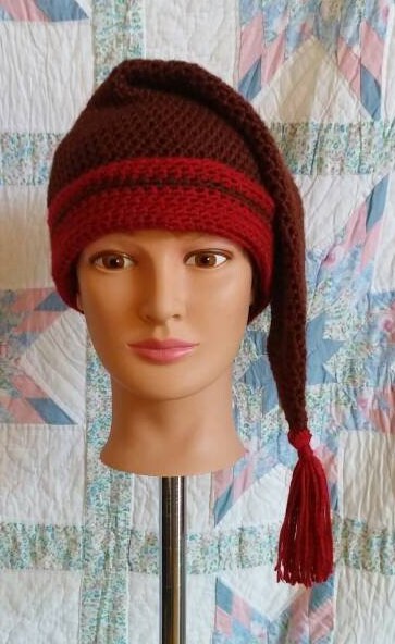 Brown and Red Mens Stocking Cap - Camp Hat, Sleeping Cap, Voyaguer Cap