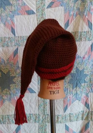 Brown and Red Mens Stocking Cap - Camp Hat, Sleeping Cap, Voyaguer Cap