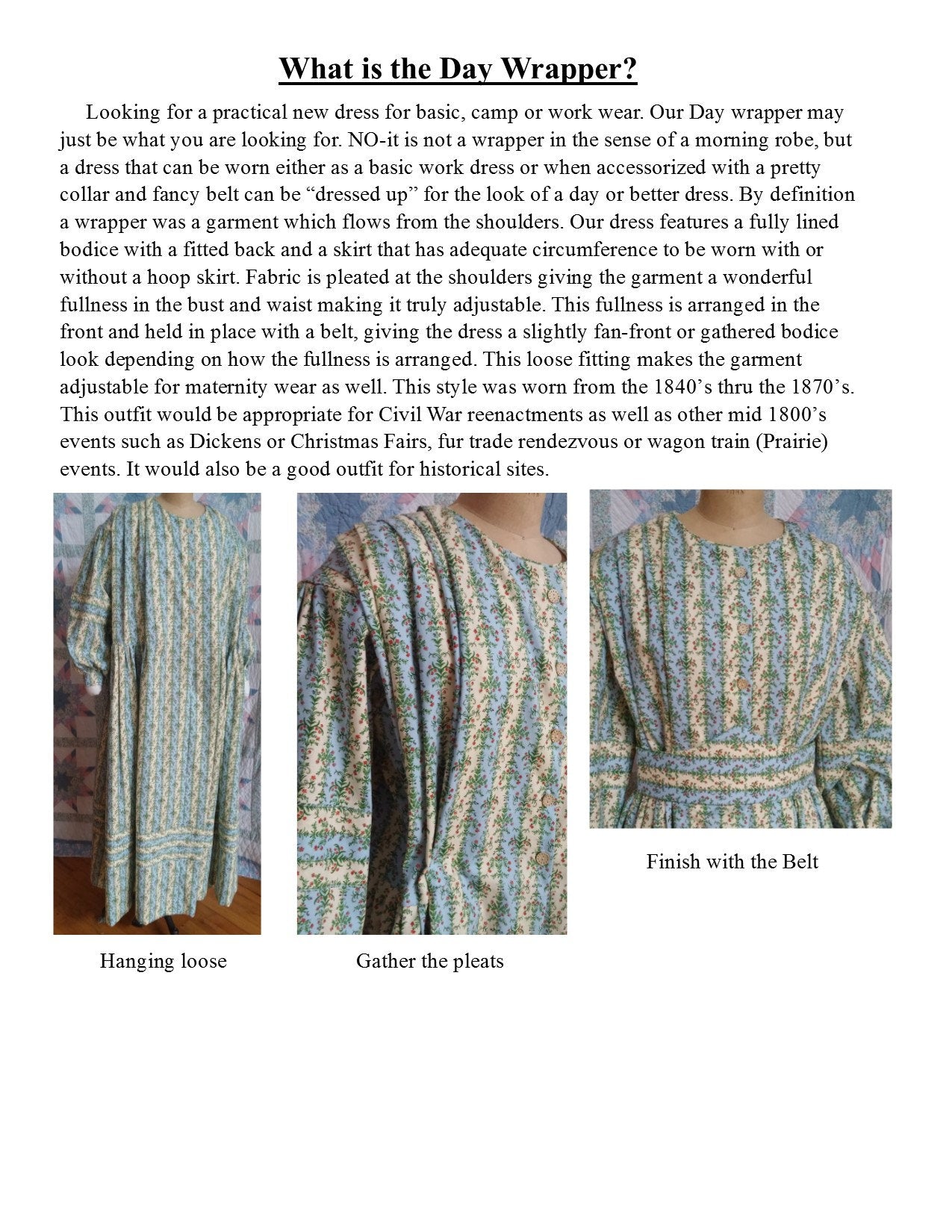 BASIC Civil War Era Dress / Day Wrapper in Calico Print, camp, work or day dress, Victorian, Pioneer, Historical, 19th Century