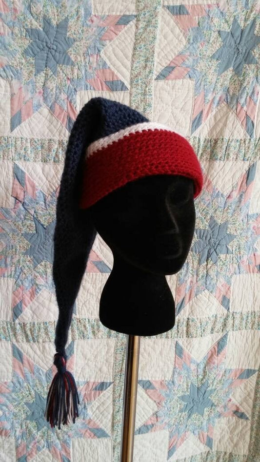 Men's Stocking Cap - Navy Blue with Deep Red and White Accents - Camp Hat, Sleeping Cap, Voyaguer Cap