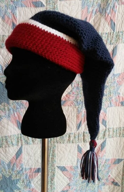 Men's Stocking Cap - Navy Blue with Deep Red and White Accents - Camp Hat, Sleeping Cap, Voyaguer Cap