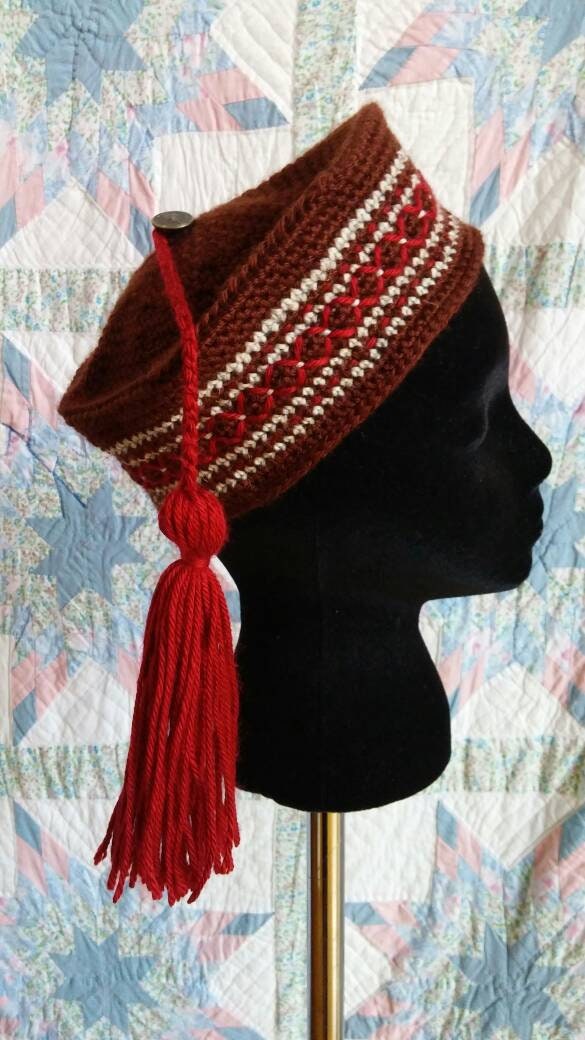 Men's Crocheted Smoking Cap in Chocolate Brown with Deep Red and Cream Hand-embroidered Accent - Camp Hat