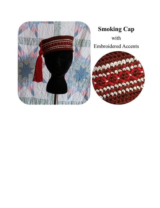 Men's Crocheted Smoking Cap in Chocolate Brown with Deep Red and Cream Hand-embroidered Accent - Camp Hat