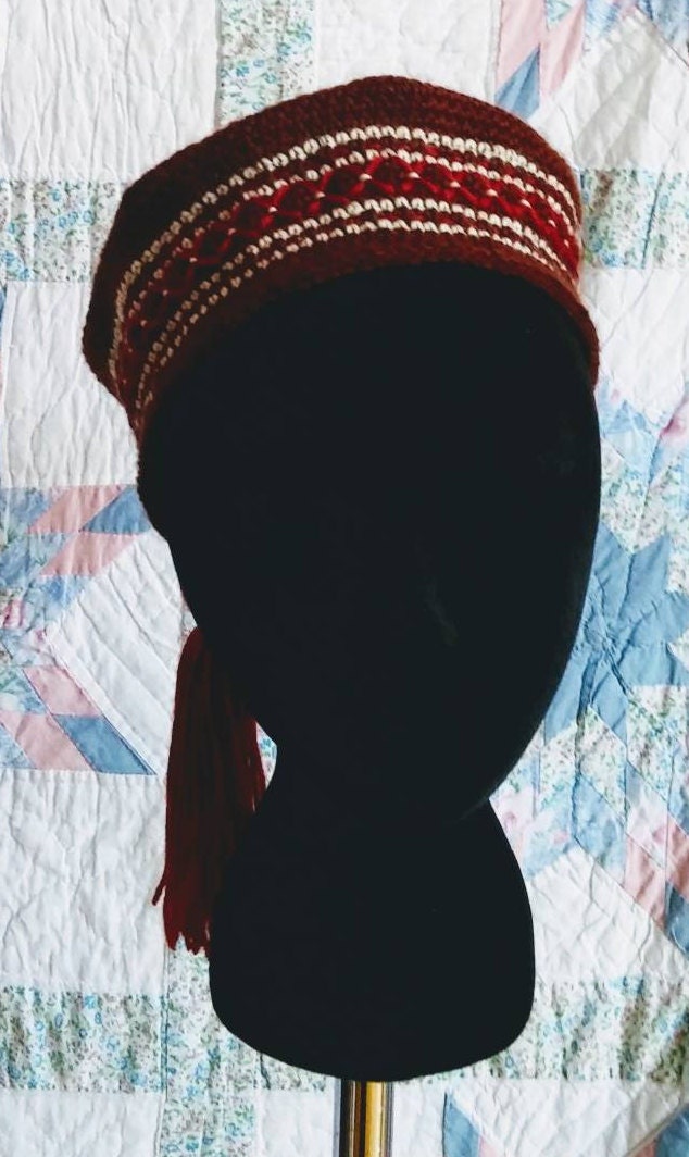 Men's Crocheted Smoking Cap in Chocolate Brown with Deep Red and Cream Hand-embroidered Accent - Camp Hat