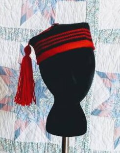 Men's Crocheted Smoking Cap in Black with Red Accent - Camp Hat