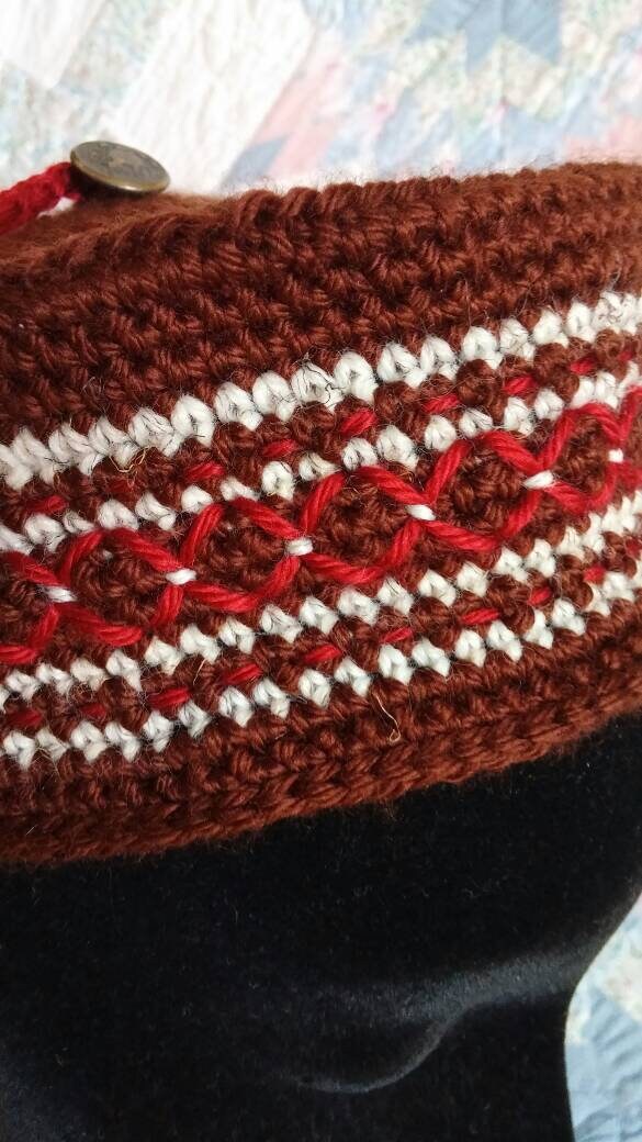 Men's Crocheted Smoking Cap in Chocolate Brown with Deep Red and Cream Hand-embroidered Accent - Camp Hat