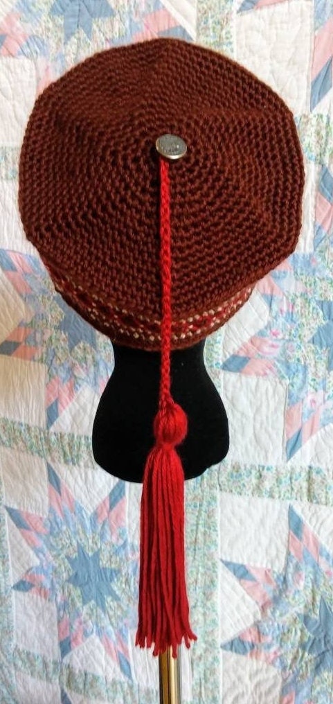 Men's Crocheted Smoking Cap in Chocolate Brown with Deep Red and Cream Hand-embroidered Accent - Camp Hat