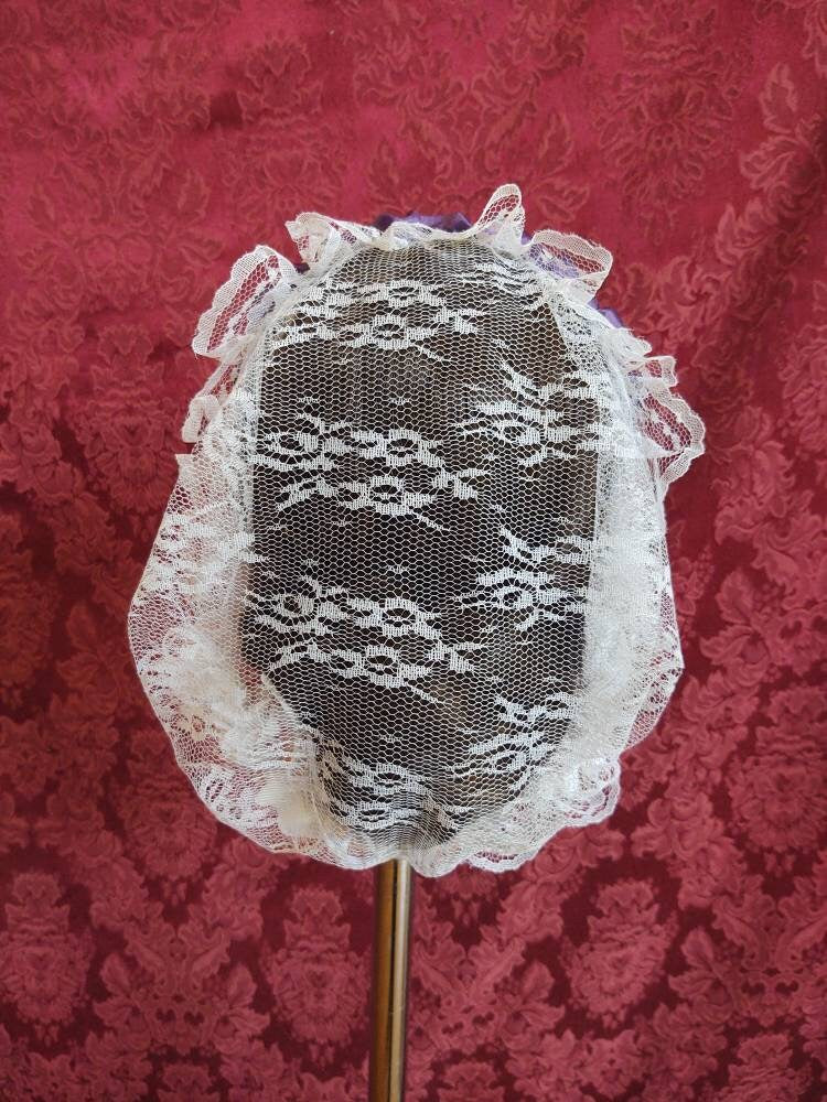 White Lacy Daycap with Royal Purple Ruched Ribbon Coronet - Day Cap, Civil War, Historical Headwear, 19th Century Victorian