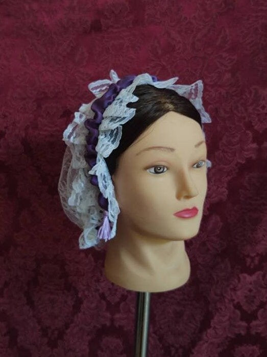 White Lacy Daycap with Royal Purple Ruched Ribbon Coronet - Day Cap, Civil War, Historical Headwear, 19th Century Victorian