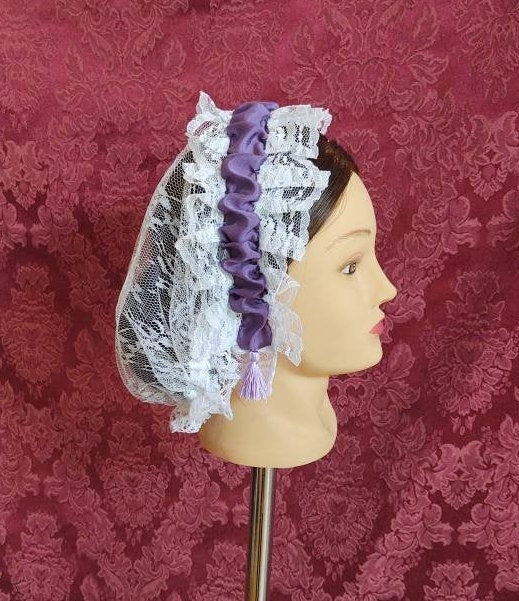 White Lacy Daycap with Royal Purple Ruched Ribbon Coronet - Day Cap, Civil War, Historical Headwear, 19th Century Victorian