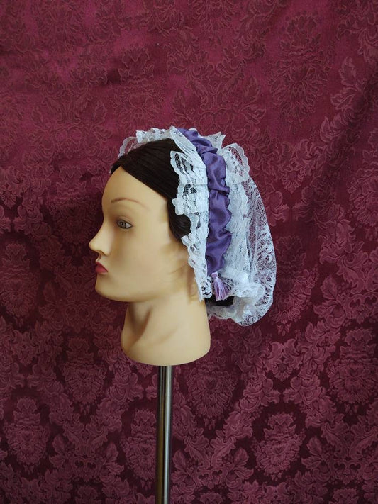 White Lacy Daycap with Royal Purple Ruched Ribbon Coronet - Day Cap, Civil War, Historical Headwear, 19th Century Victorian