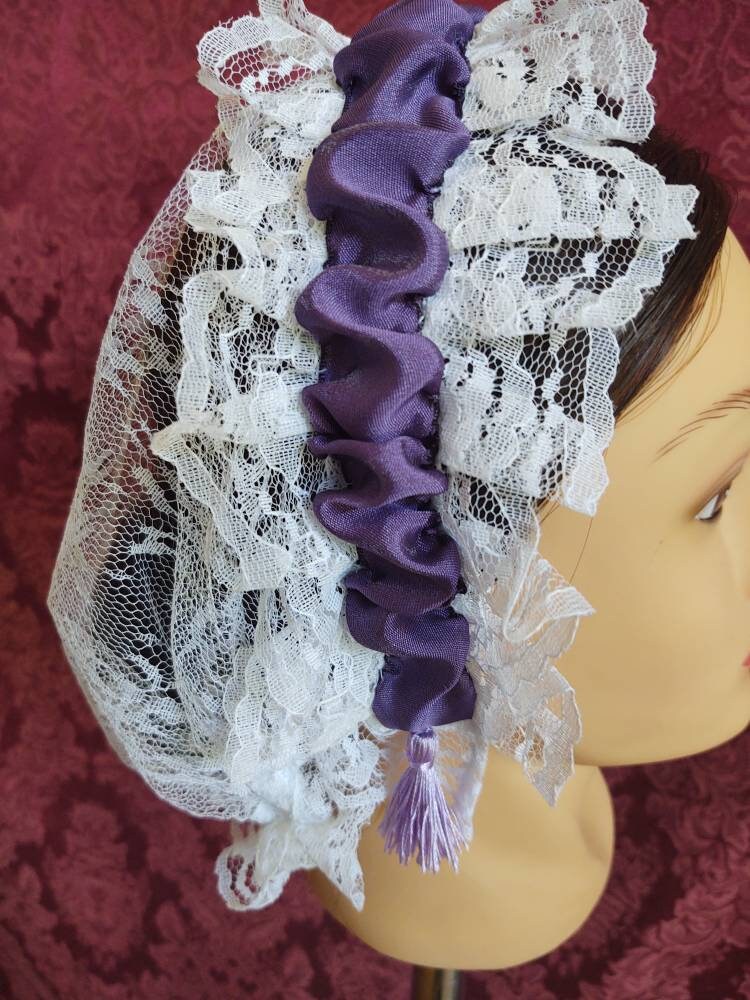 White Lacy Daycap with Royal Purple Ruched Ribbon Coronet - Day Cap, Civil War, Historical Headwear, 19th Century Victorian