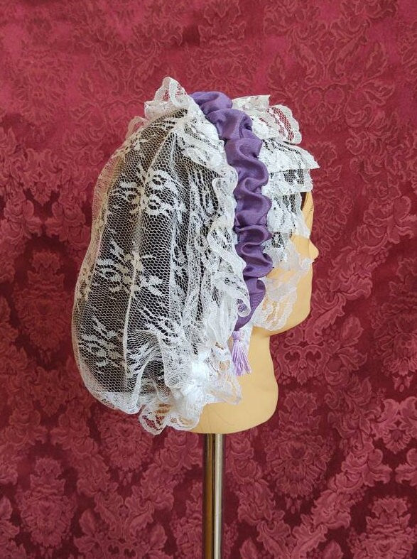 White Lacy Daycap with Royal Purple Ruched Ribbon Coronet - Day Cap, Civil War, Historical Headwear, 19th Century Victorian