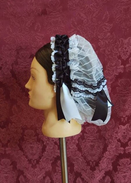 Black Ribboned White Lacy Daycap with black and white lace accented back - Day Cap, Civil War, 19th Century Victorian