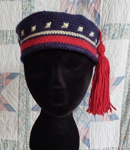 PATRIOTIC Men's Crocheted Smoking Cap in Navy with Red and Cream Hand-embroidered Accent - Camp Hat,Lounging cap, 19th Century Victorian