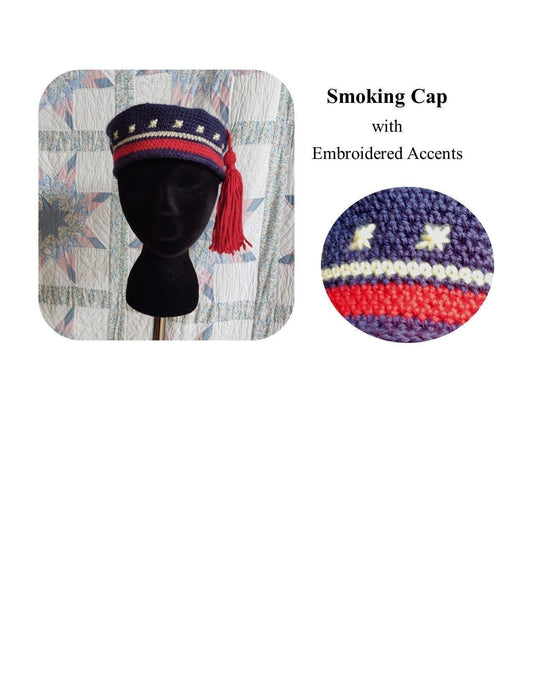 PATRIOTIC Men's Crocheted Smoking Cap in Navy with Red and Cream Hand-embroidered Accent - Camp Hat,Lounging cap, 19th Century Victorian
