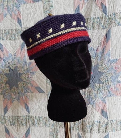 PATRIOTIC Men's Crocheted Smoking Cap in Navy with Red and Cream Hand-embroidered Accent - Camp Hat,Lounging cap, 19th Century Victorian