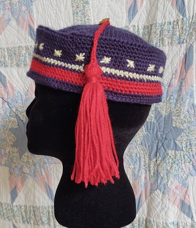 PATRIOTIC Men's Crocheted Smoking Cap in Navy with Red and Cream Hand-embroidered Accent - Camp Hat,Lounging cap, 19th Century Victorian