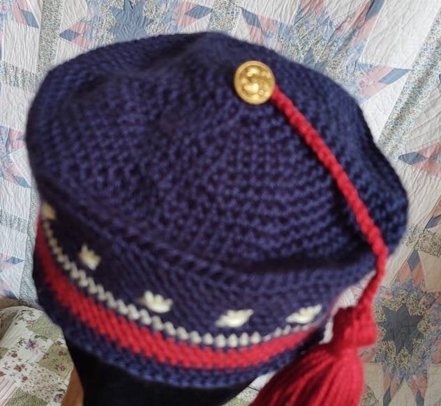 PATRIOTIC Men's Crocheted Smoking Cap in Navy with Red and Cream Hand-embroidered Accent - Camp Hat,Lounging cap, 19th Century Victorian