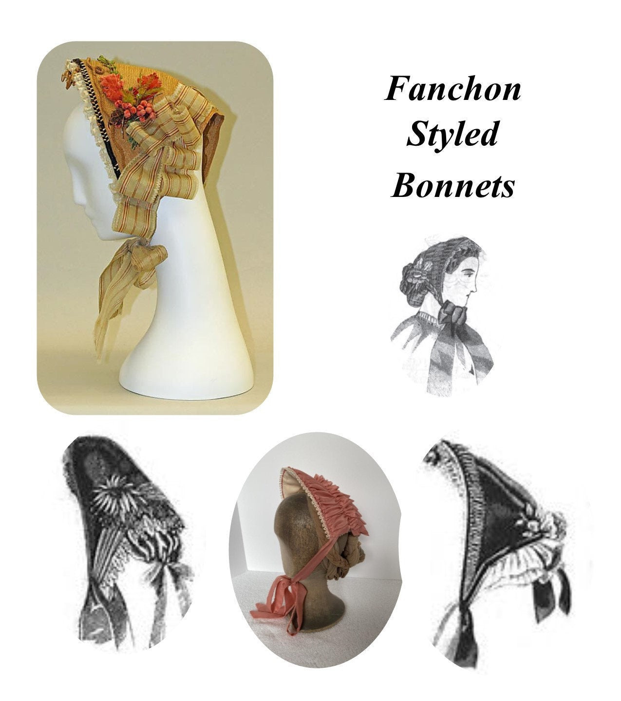 Old Gold Accented Cream Fanchon Bonnet, Dinner Bonnet - Empire Bonnet - Civil War - 19th century Victorian